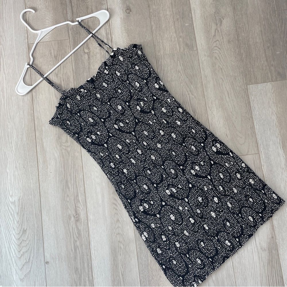 Shrimps Silk Dress polka dot smocked mini womens Black White size 12 minimalist